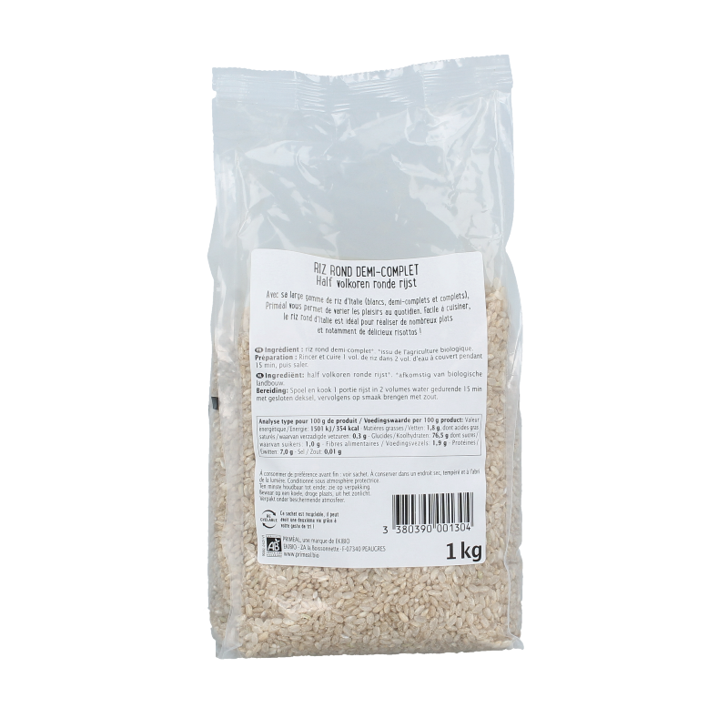 Primeal organic whole round rice in a 1kg package, showing the rice grains and packaging label.