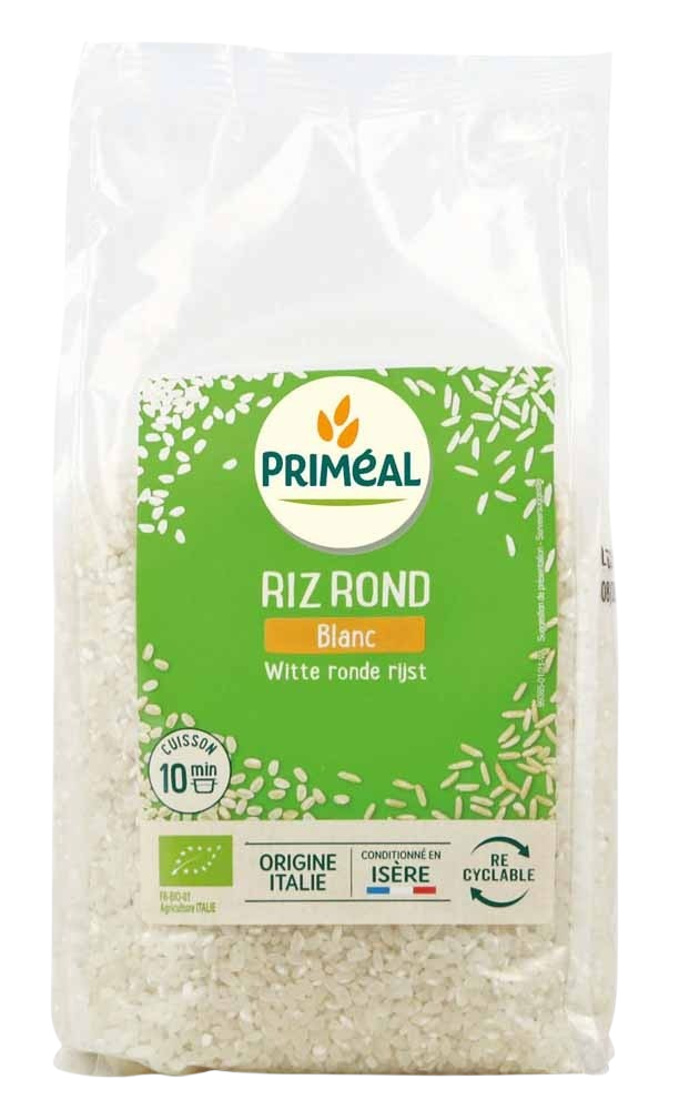 Primeal organic white round rice in a 1kg package, shown in a clear image of the rice grains and packaging.