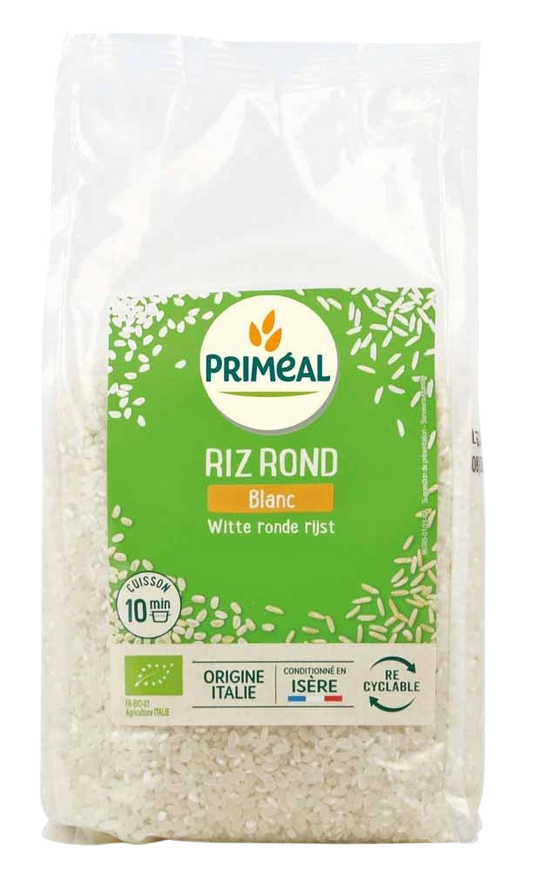 Primeal organic white round rice in a 1kg package, shown in a clear image of the rice grains and packaging.