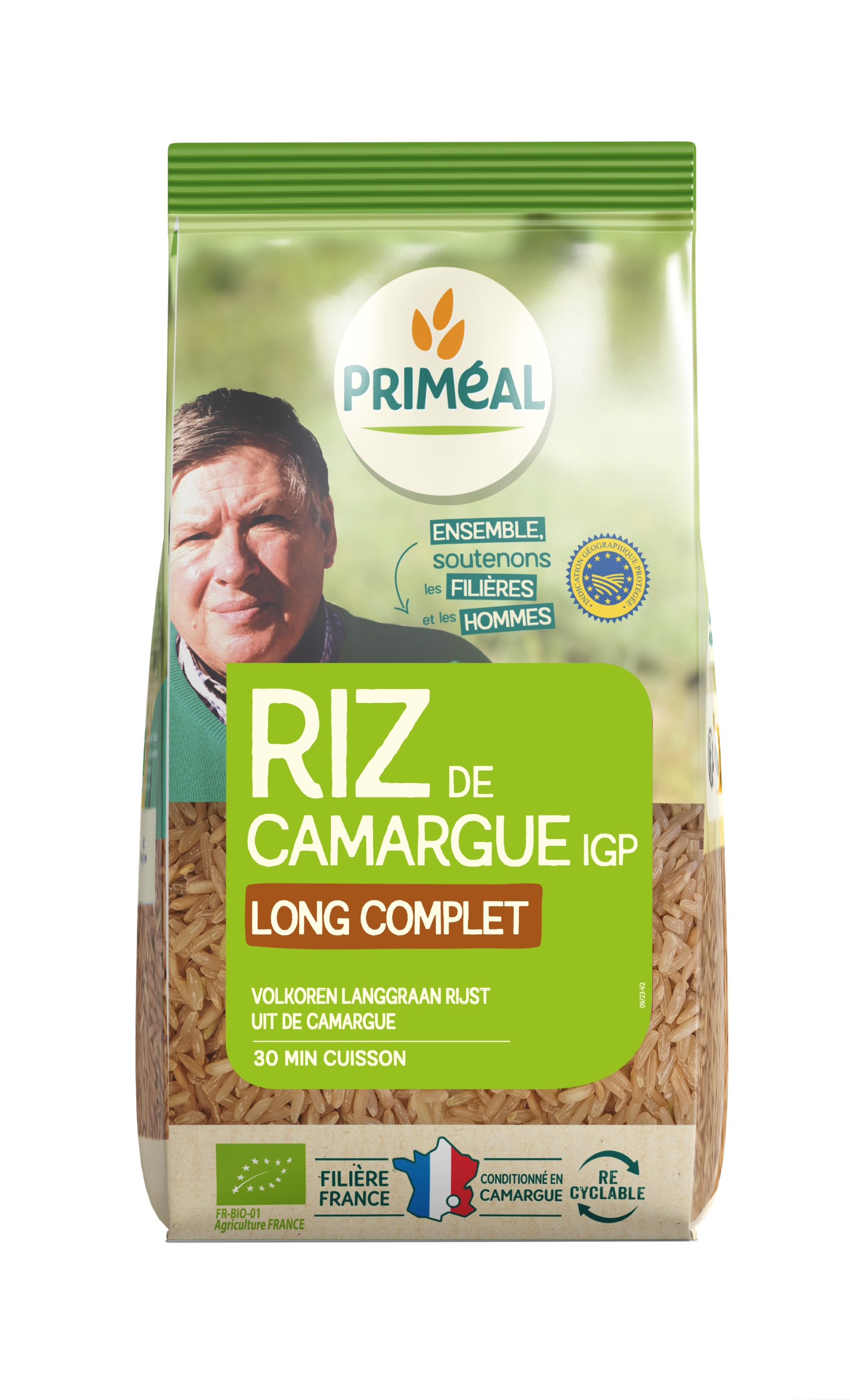 Primeal organic whole grain Camargue rice in 500g package, showcasing the rice grains in a natural setting.