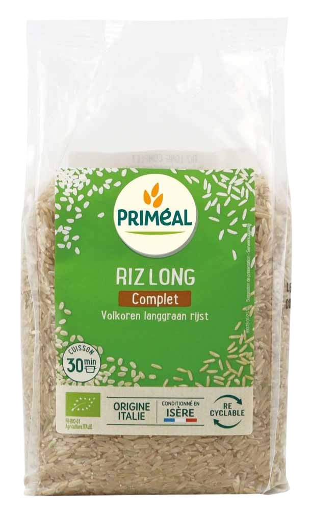 Primeal organic whole grain long rice in a 1kg package, showing the natural rice grains on the packaging.