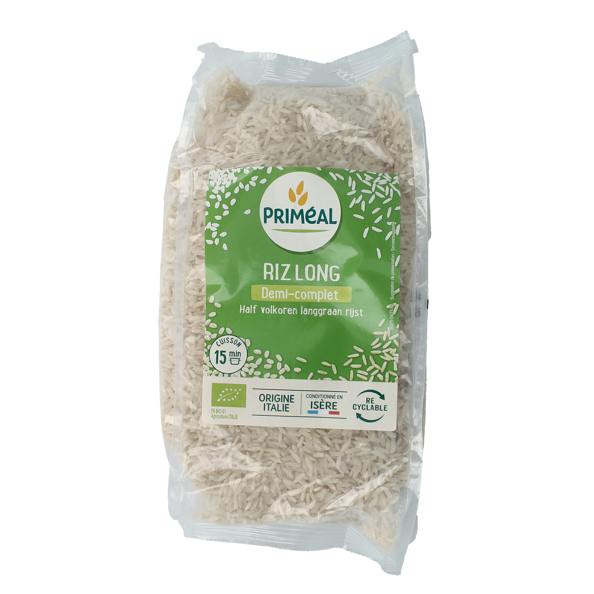 Primeal organic half-whole long grain rice in 1kg bag, natural pasta and rice product, ideal for healthy meals