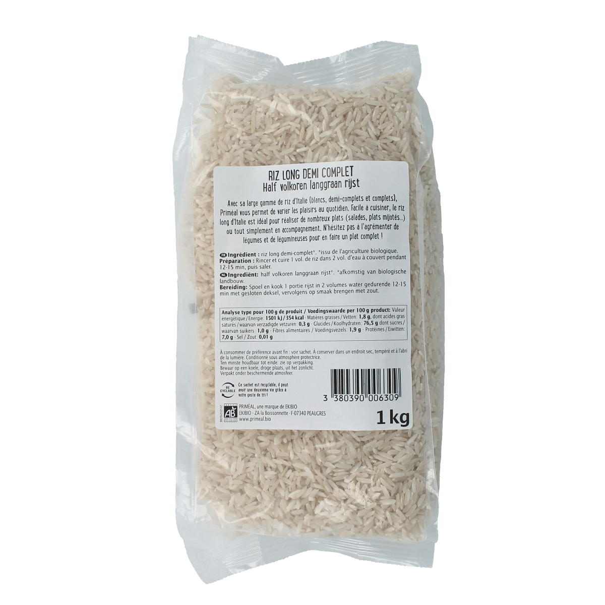Organic Primeal half-rough long grain brown rice in a 1kg package, showcasing the rice grains in a natural setting.