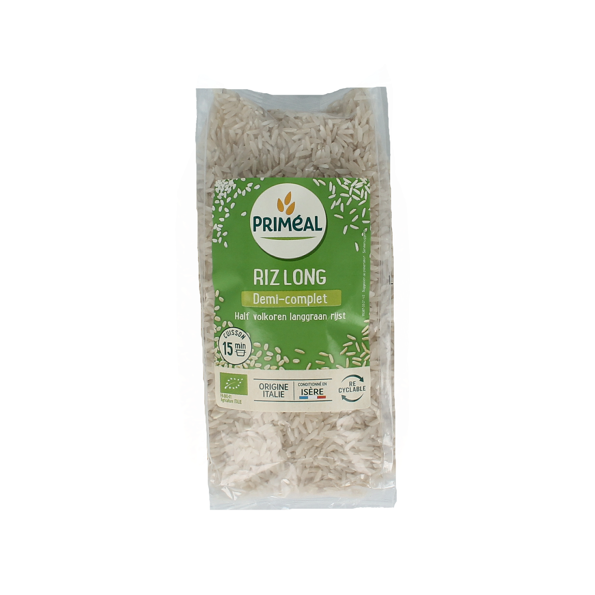Primeal organic half-rough brown rice in 500g package, showing the rice grains in a clear image.