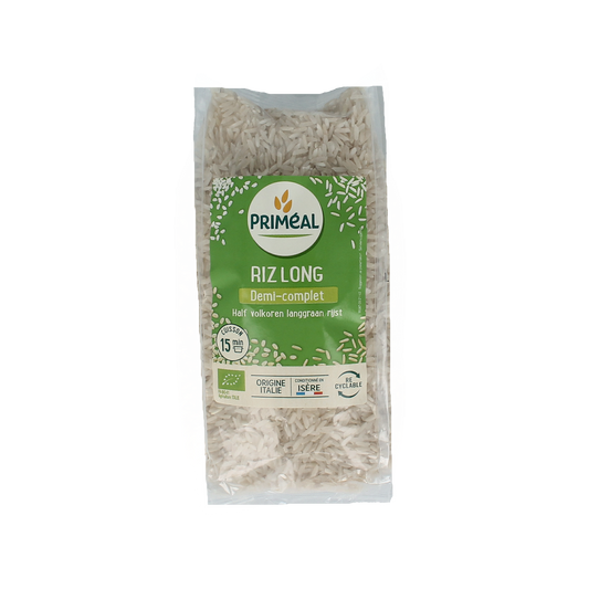Primeal organic half-rough brown rice in 500g package, showing the rice grains in a clear image.