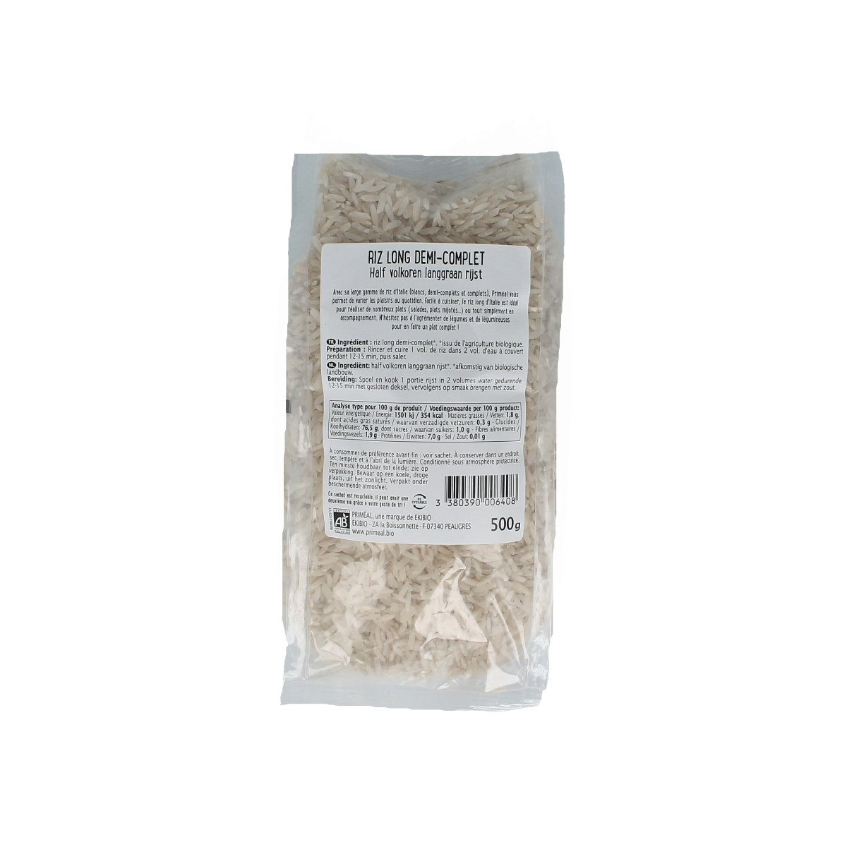 Primeal half-volkoren langgraan rijst bio 500g package, showing the organic brown rice product in a clear bag with rice grains visible.