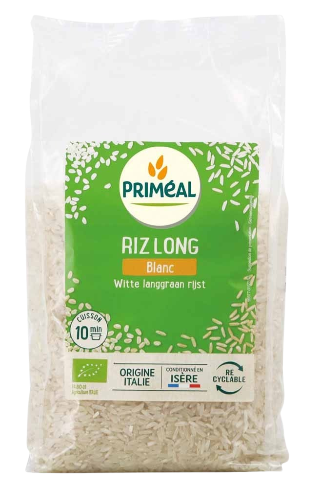Primeal bio witte langgraan rijst in 1 kg verpakking, showcasing long grain organic rice in a clear bag.