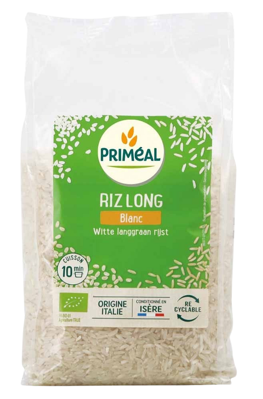 Primeal bio witte langgraan rijst in 1 kg verpakking, showcasing long grain organic rice in a clear bag.