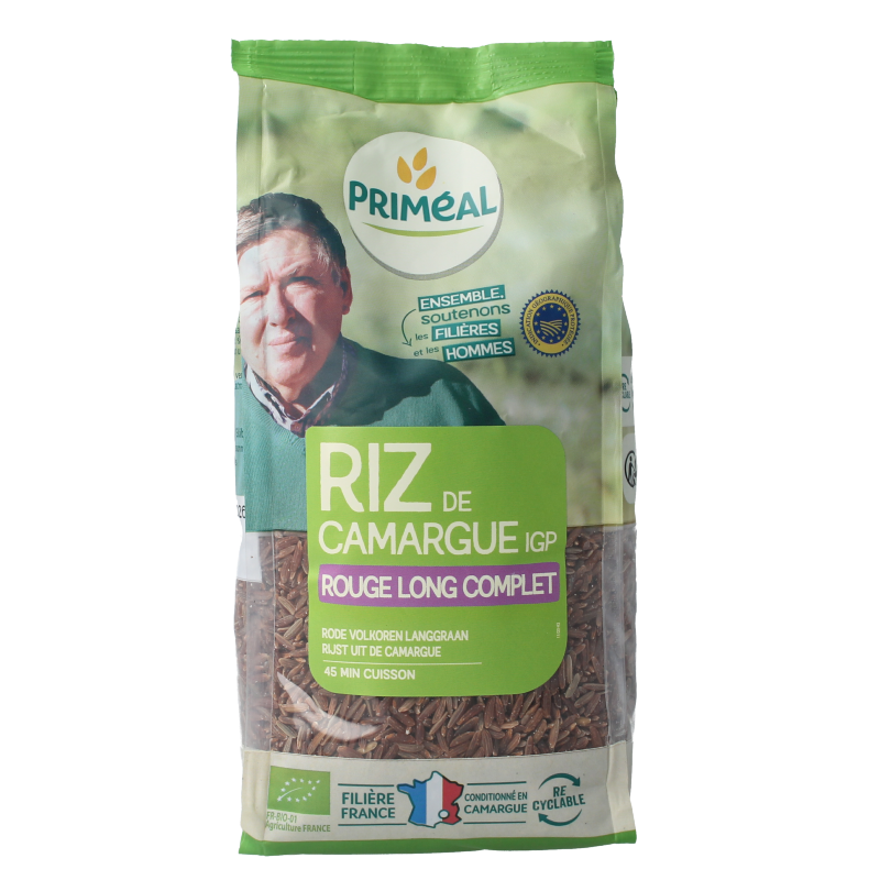 Primeal organic red Camargue rice in a 500g package, showcasing the vibrant red grains on a white background.