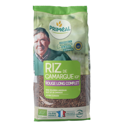 Primeal organic red Camargue rice in a 500g package, showcasing the vibrant red grains on a white background.