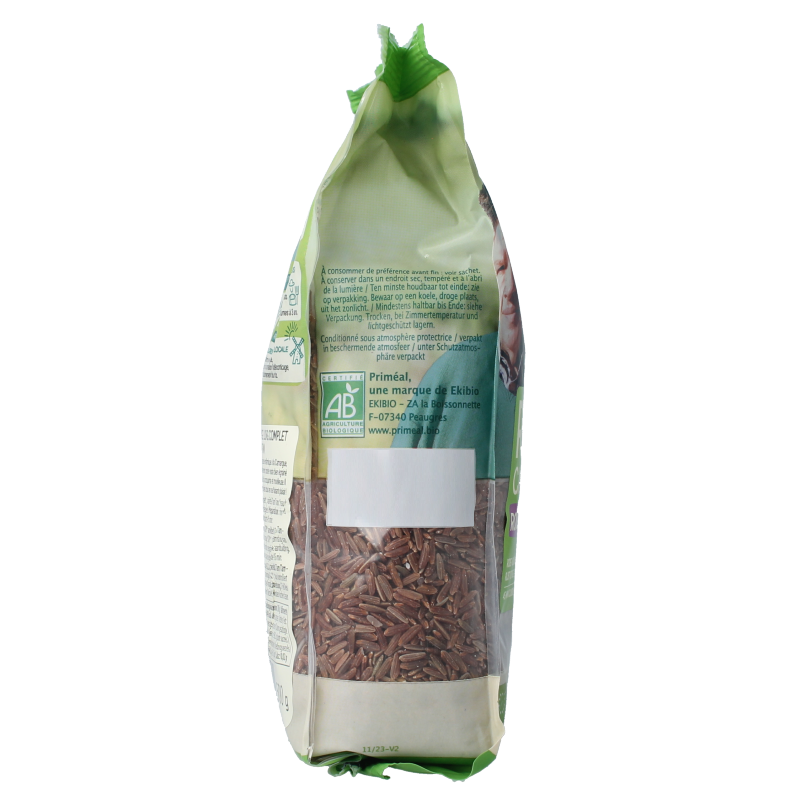Organic Primeal Red Camargue rice in a 500g package, showcasing the vibrant red grains on the package label.