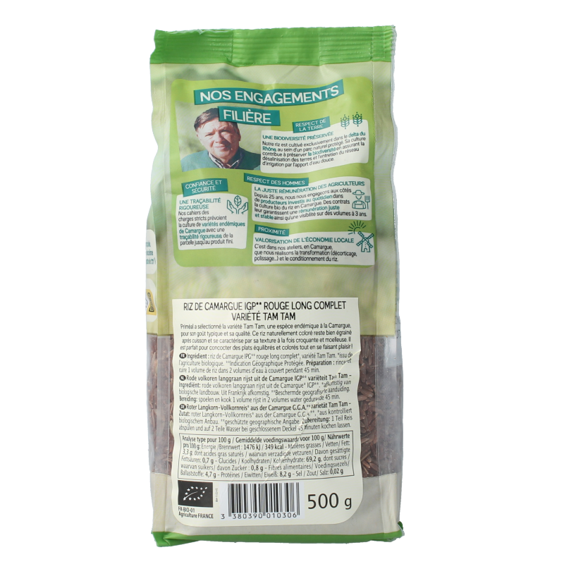 Organic Primeal Red Camargue rice in a 500g package, showcasing the vibrant red grains in a clear view.
