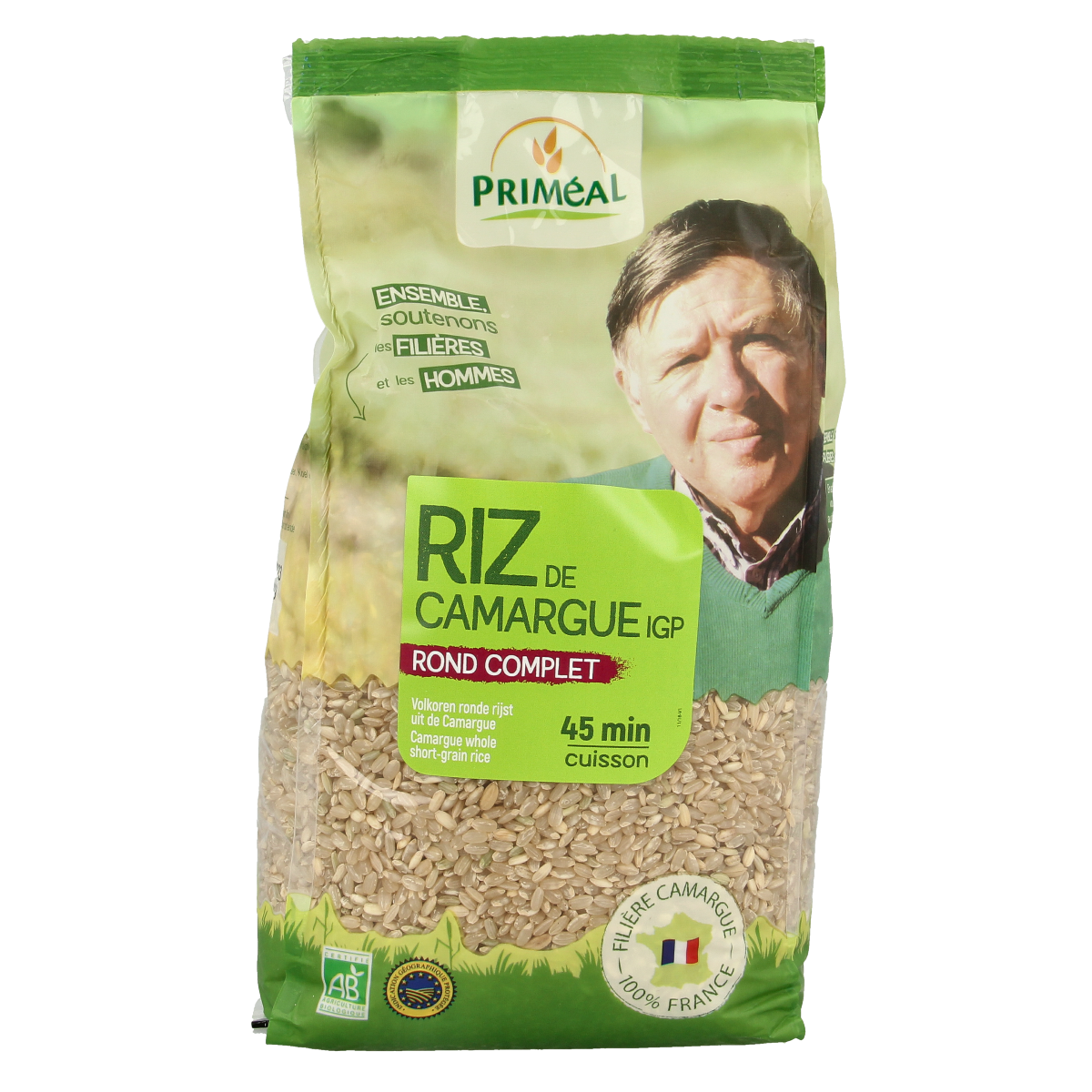 Primeal organic whole round Camargue rice in a 1kg package, showcasing the rice grains and packaging.
