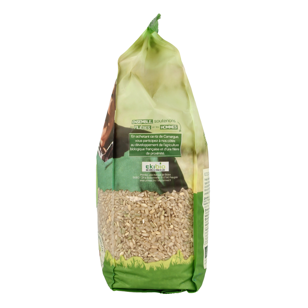 Primeal organic whole round rice from Camargue, 1kg, in a clear package showing the rice grains.