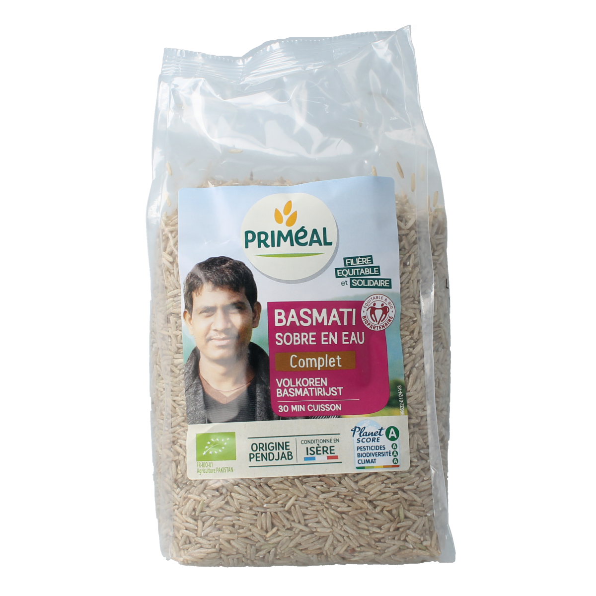 Primeal organic whole grain basmati rice in a 1kg bag, showcasing the packaging of this natural pasta and rice product.