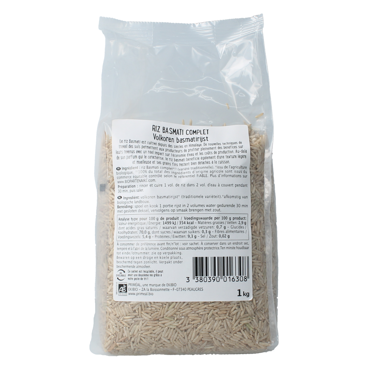 Primeal organic whole grain basmati rice in a 1kg bag, showcasing the rice grains in a clear, close-up view.