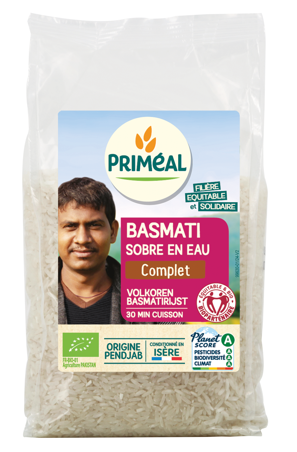 Primeal organic whole grain basmati rice in 500g package, showcasing the rice grains and packaging.