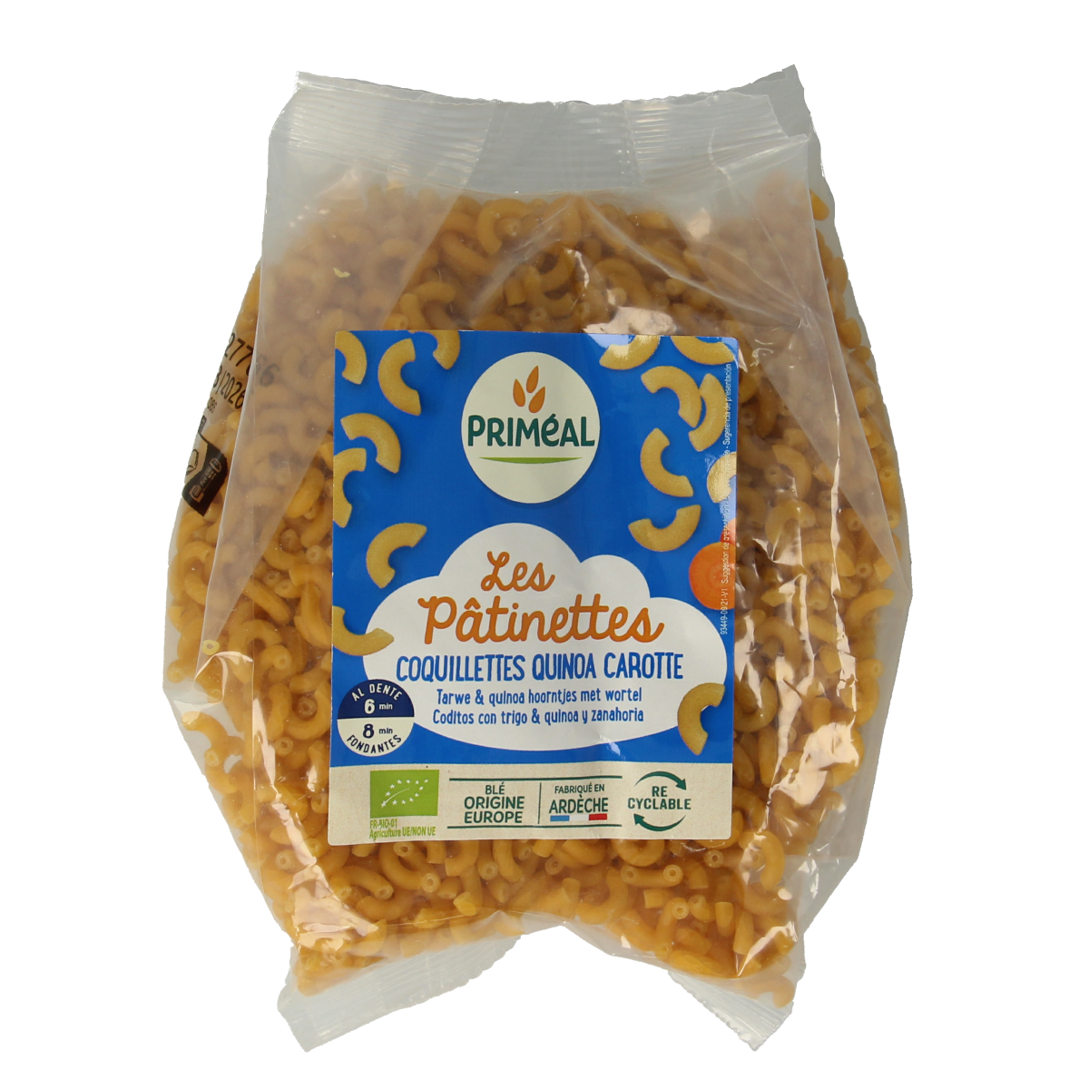 Primeal organic wheat, quinoa, and carrot pasta in 250g package, featuring a mix of colorful pasta shapes and fresh ingredients.