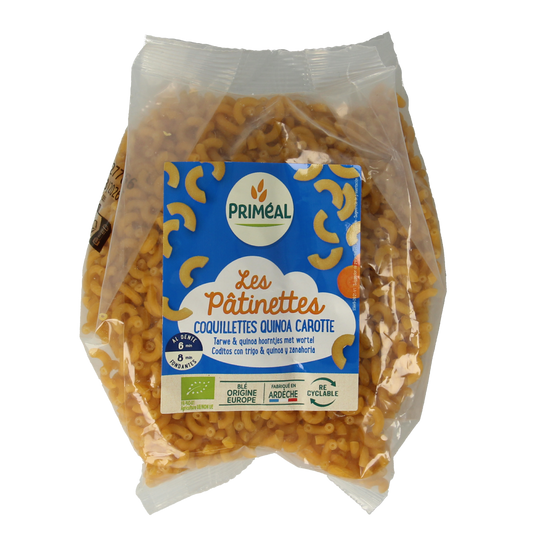 Primeal organic wheat, quinoa, and carrot pasta in 250g package, featuring a mix of colorful pasta shapes and fresh ingredients.
