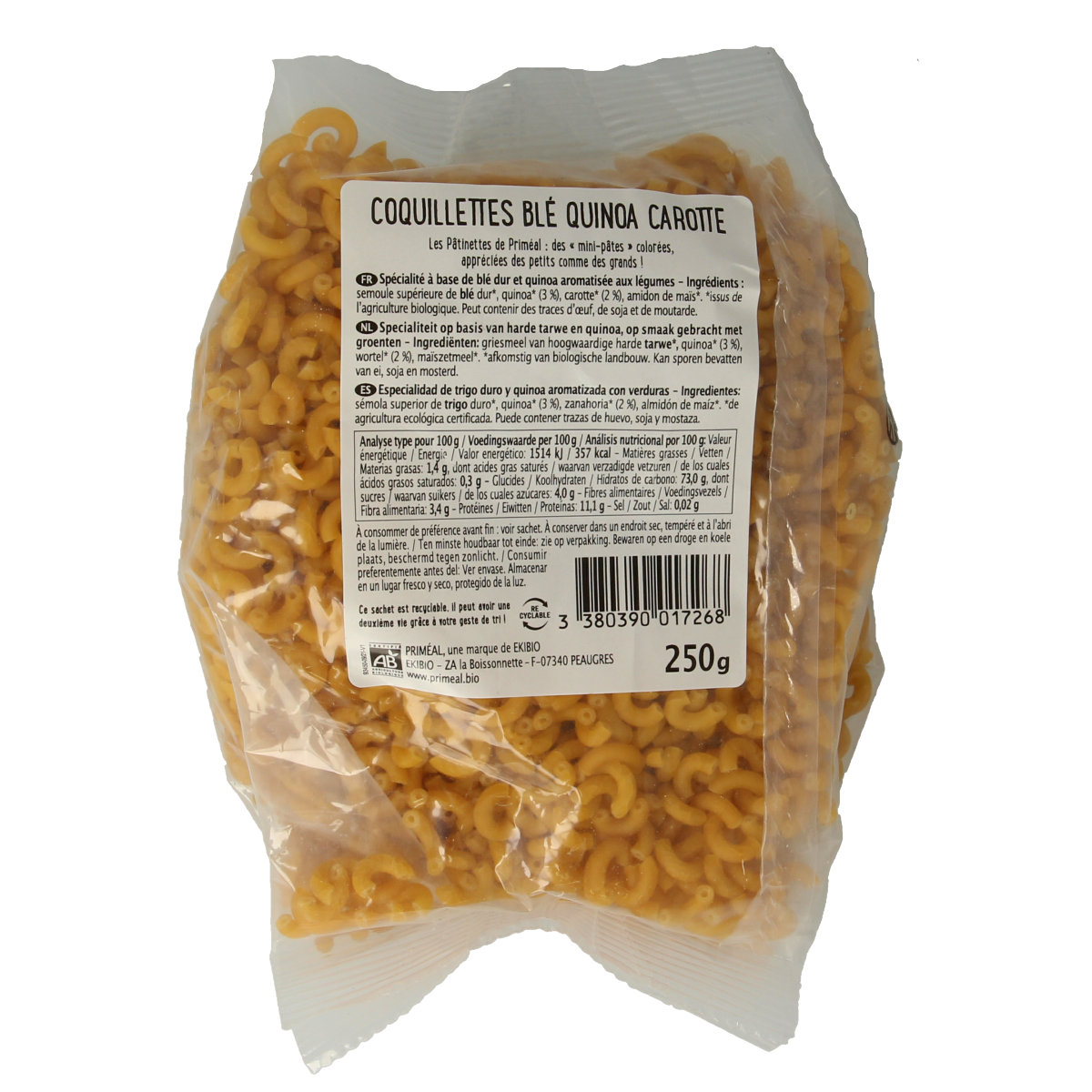 Primeal organic wheat, quinoa, and carrot pasta in a 250g package, ready for cooking.