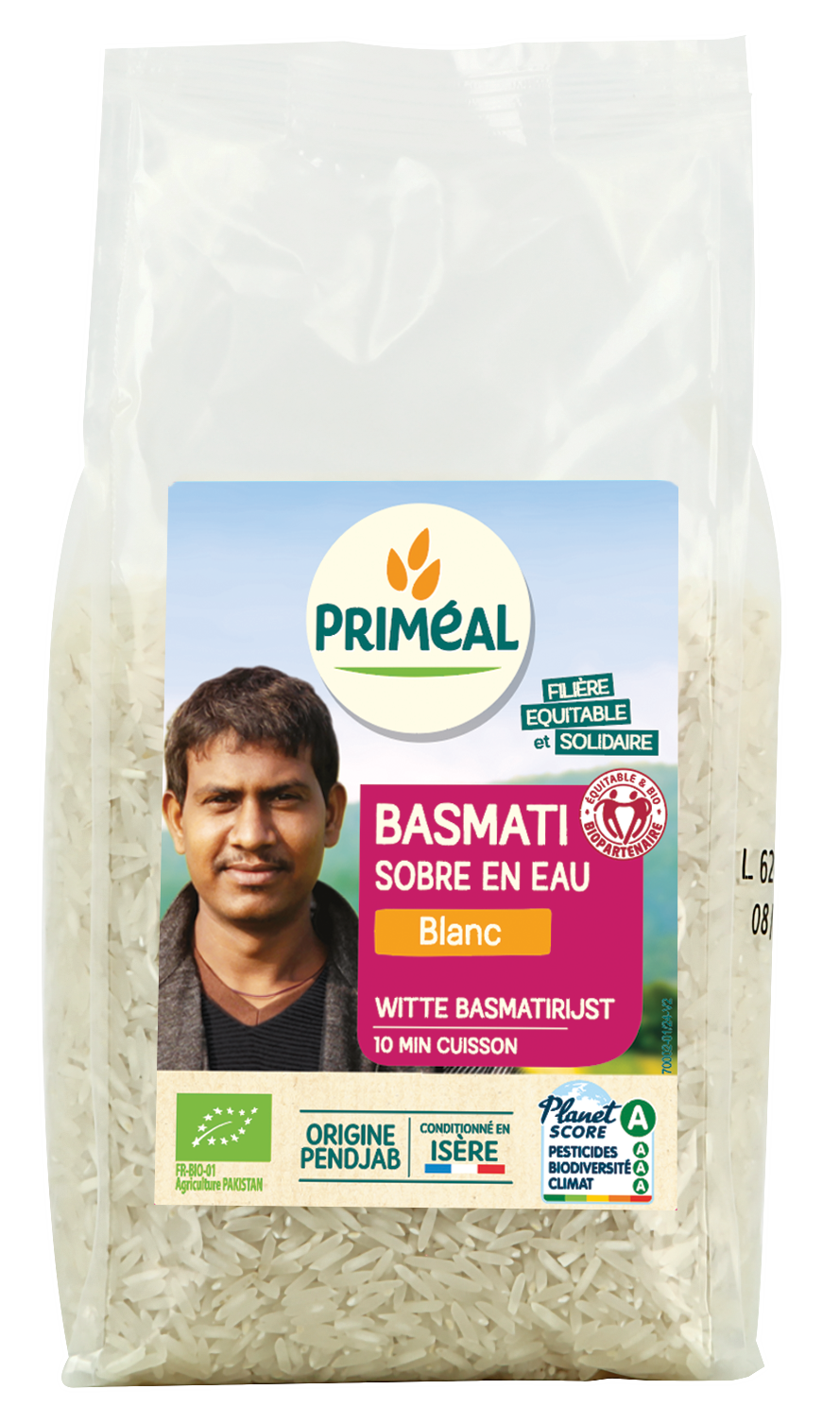 Primeal bio witte basmati rijst in 1 kg verpakking, showcasing the long, slender grains of organic rice.