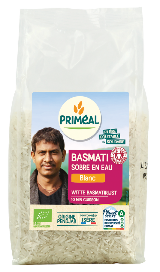 Primeal bio witte basmati rijst in 1 kg verpakking, showcasing the long, slender grains of organic rice.