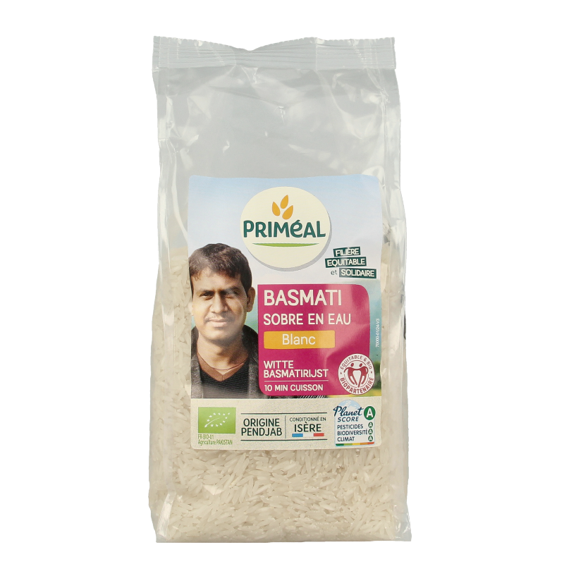 Organic Primeal Witte Basmati Rijst in 500g package, showing long-grain white rice for cooking or rice dishes.