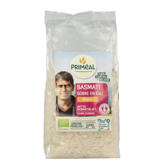 Organic Primeal Witte Basmati Rijst in 500g package, showing long-grain white rice for cooking or rice dishes.