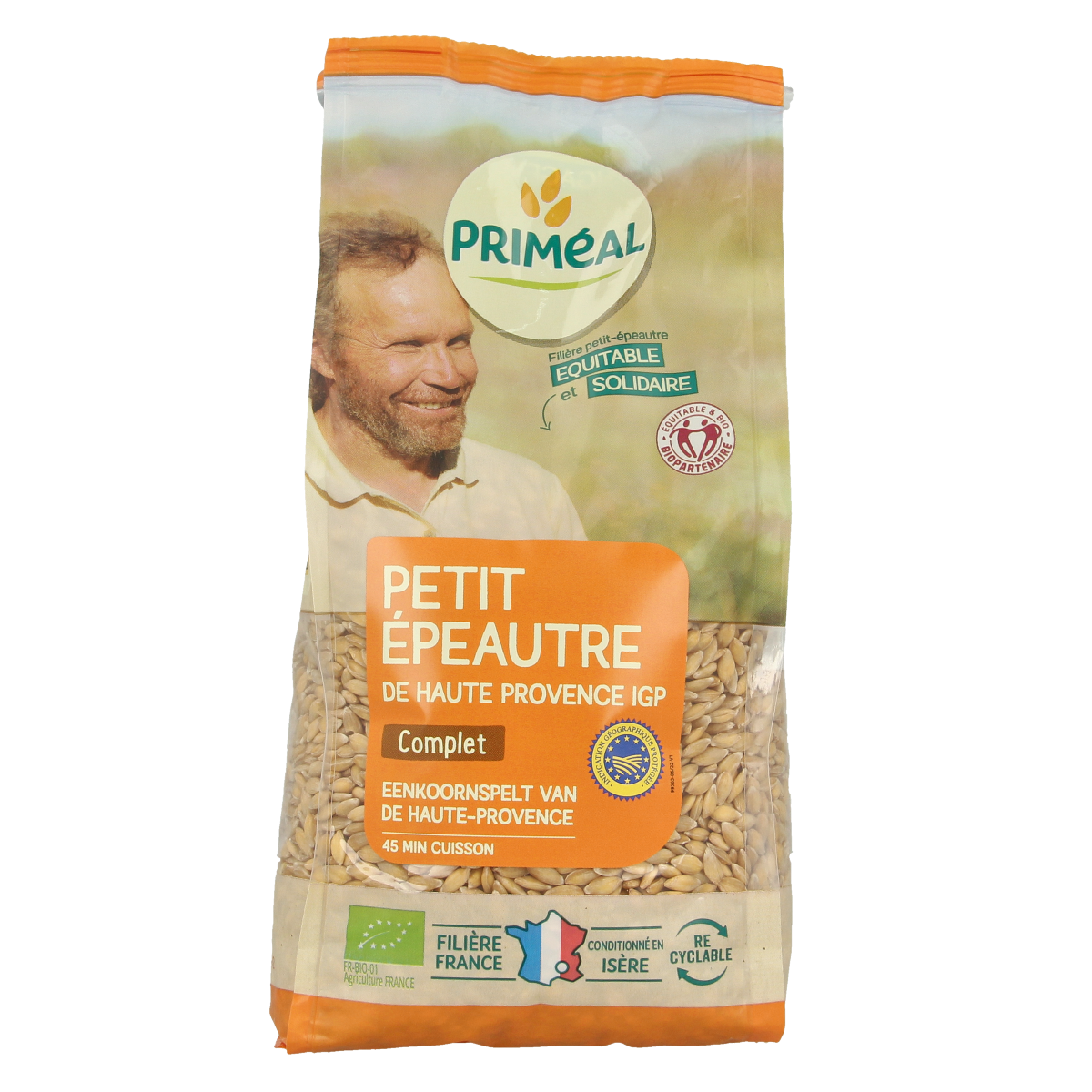 Primeal Eenkoornspelt organic flour in a small 500g bag, ideal for baking and bread making, natural whole grain spelt flour.