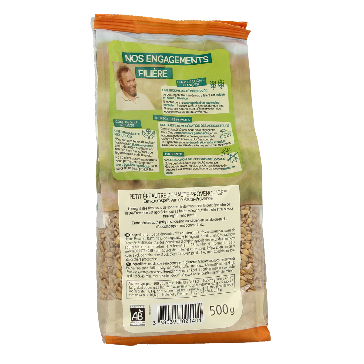 Primeal Eenkoornspelt organic small bag, 500g, in a baking mix and flour product image showing the packaging.