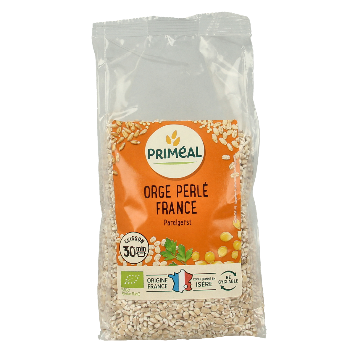 Primeal organic peeled barley breakfast cereal in a 500g package, showing the product in a clear, close-up view.