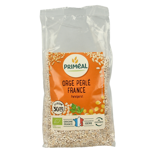 Primeal organic peeled barley breakfast cereal in a 500g package, showing the product in a clear, close-up view.