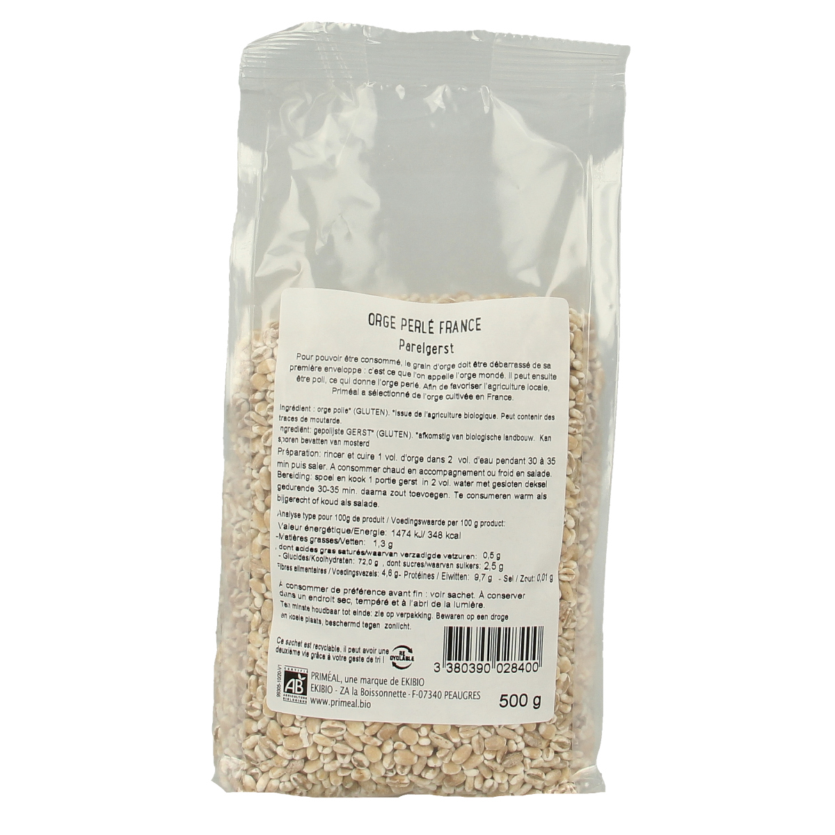 Primeal organic peeled barley breakfast grains in a 500g package, showcasing the natural, hulled barley kernels.