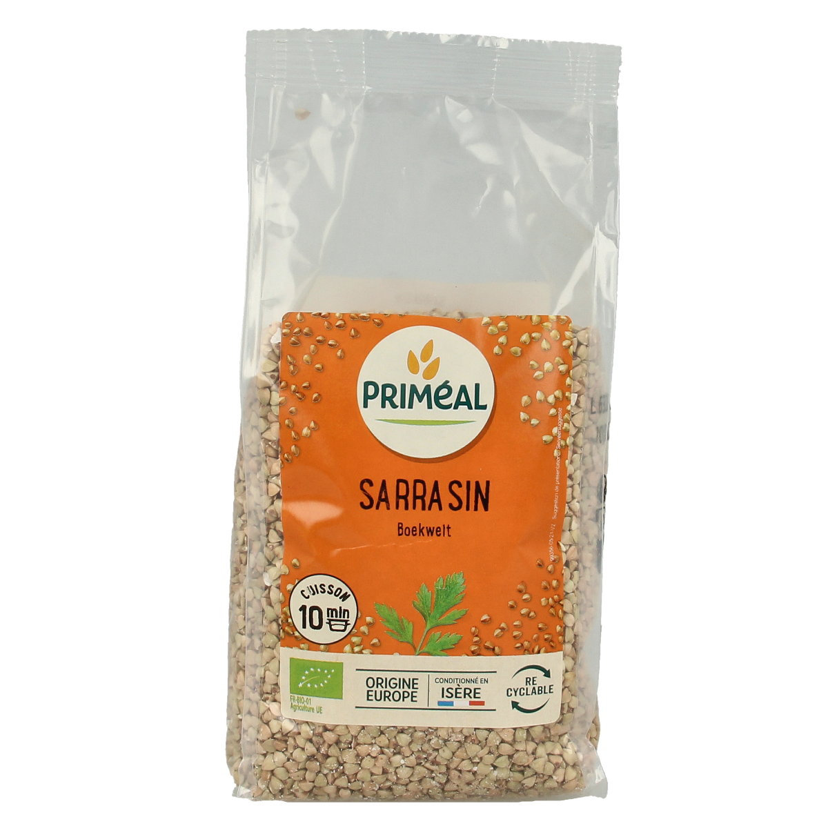 Primeal Sarrasin bio boekweit ontbijtgranen in 500g package, showing the organic buckwheat grains in a clear bag.