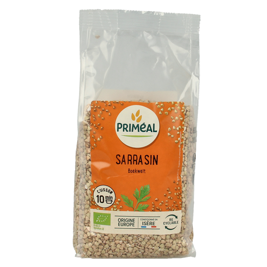 Primeal Sarrasin bio boekweit ontbijtgranen in 500g package, showing the organic buckwheat grains in a clear bag.