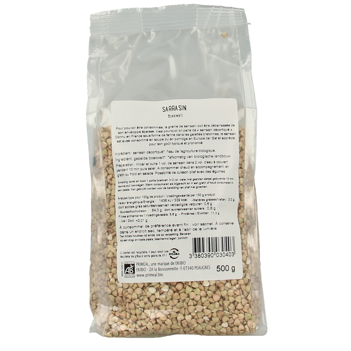 Primeal bio Sarrasin boekweit ontbijtgranen in 500g package, showing raw buckwheat grains on a white background.