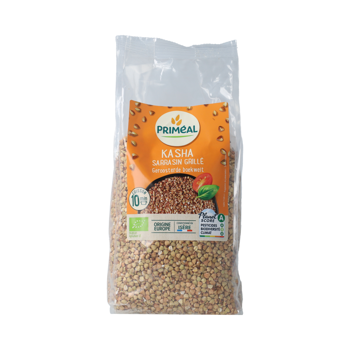Roasted organic buckwheat breakfast grains from Primeal in a 500g package.