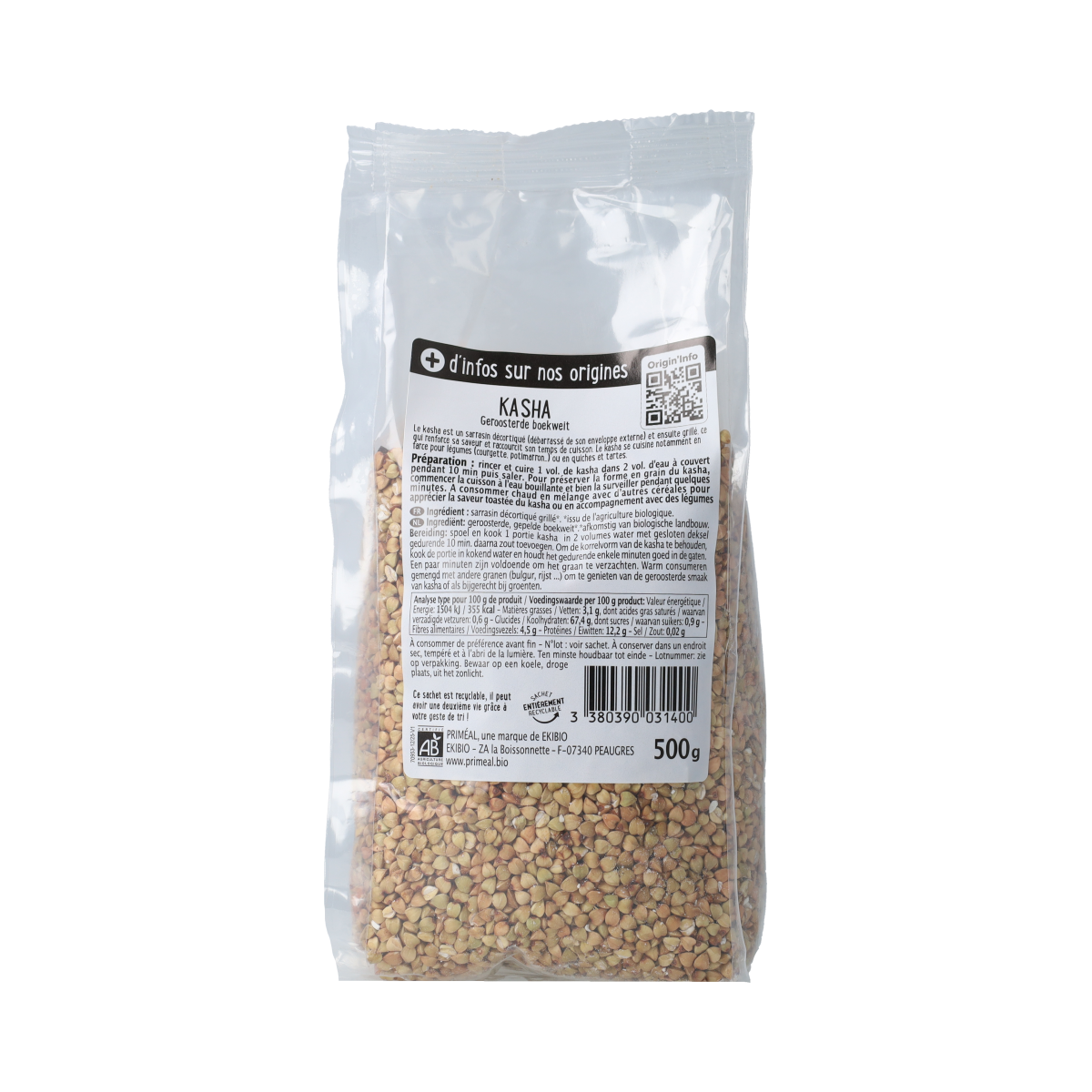 Roasted organic buckwheat breakfast grains by Primeal in a 500g package, shown in a close-up image.