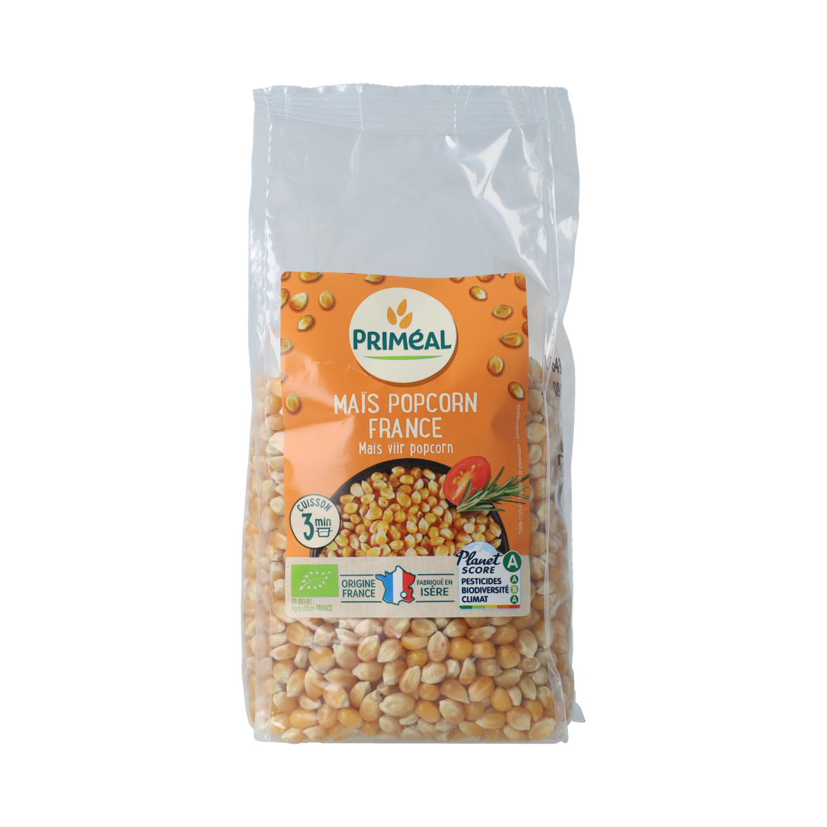 Primeal organic popcorn maize in 500g bag, fresh and crunchy, ideal for healthy snacks and cooking.
