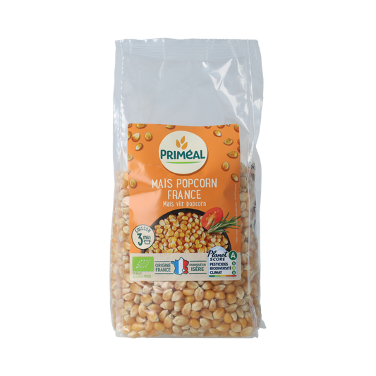 Primeal organic popcorn maize in 500g bag, fresh and crunchy, ideal for healthy snacks and cooking.