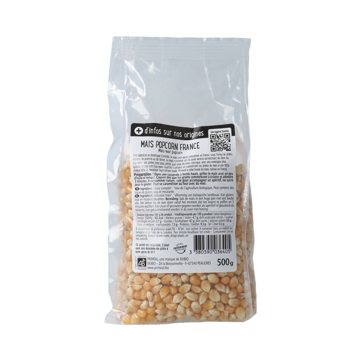 Primeal organic popcorn maize in 500g bag, fresh and crunchy, ideal for healthy snacking or recipes.