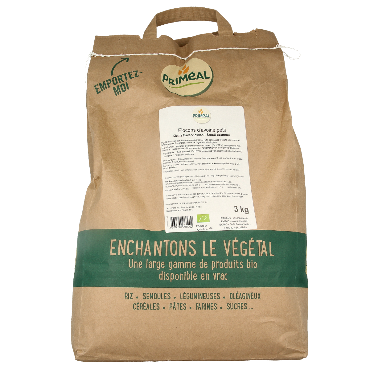 Primeal organic oat flakes in a 3kg bag, natural breakfast grains, close-up of the Primeal oat flakes package