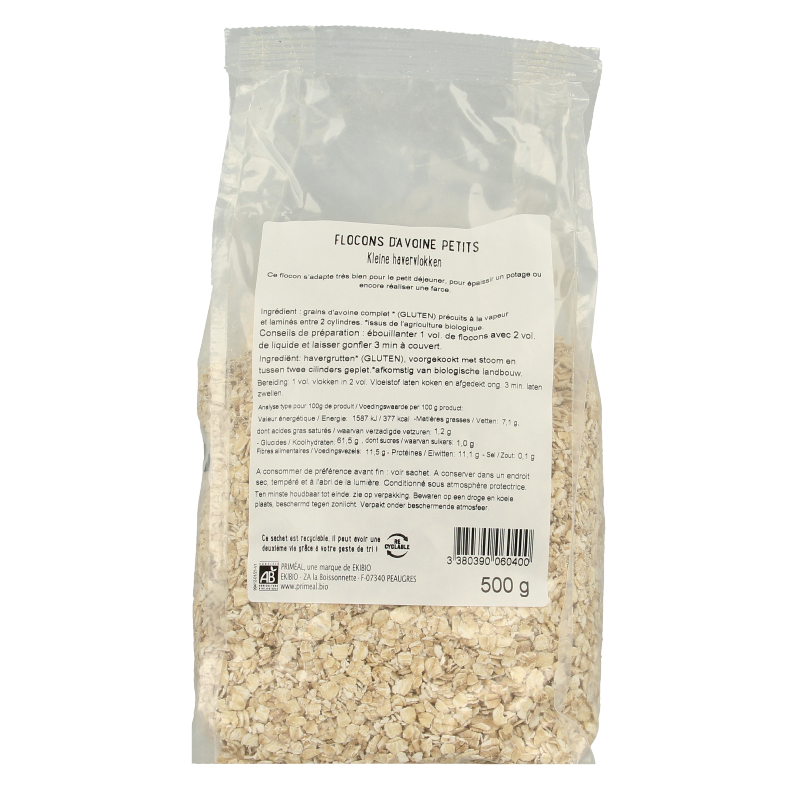 Primeal organic small oat flakes in a 500g package, ideal for healthy breakfast cereals and baking.