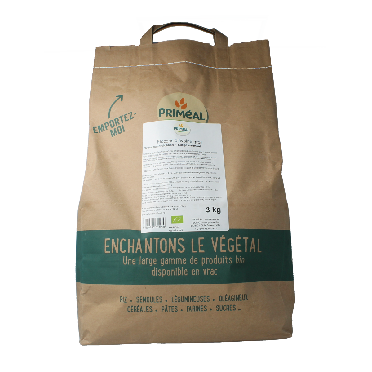 Primeal organic large oat flakes in a 3kg bag, natural breakfast grains for healthy oatmeal and baking.
