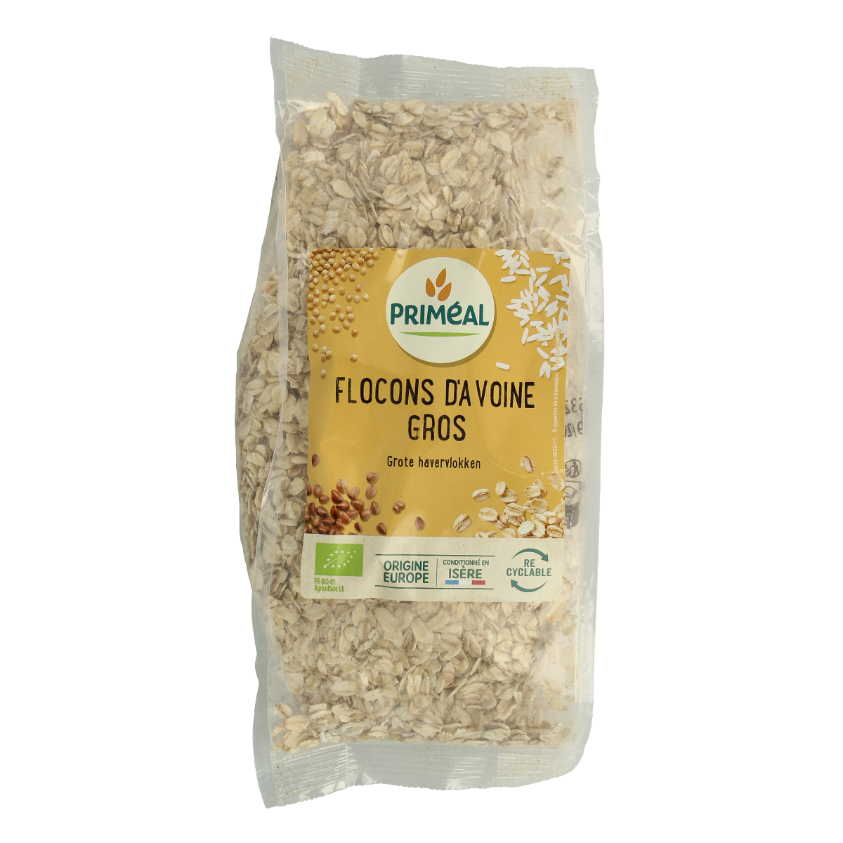 Primeal organic large oat flakes in a 500g package, natural breakfast grains with whole oats visible in the image.