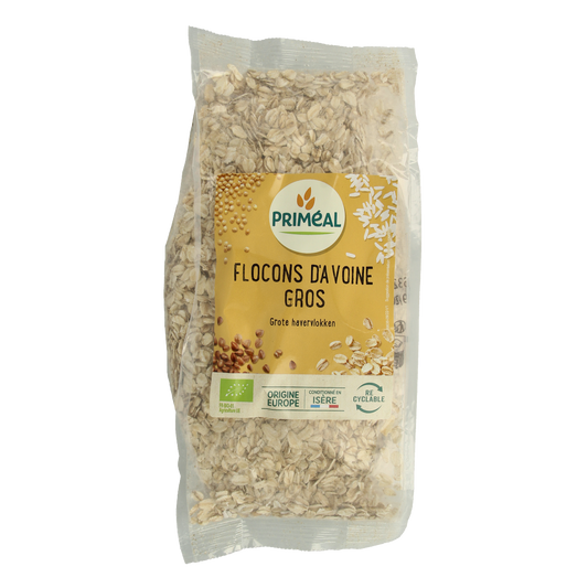 Primeal organic large oat flakes in a 500g package, natural breakfast grains with whole oats visible in the image.