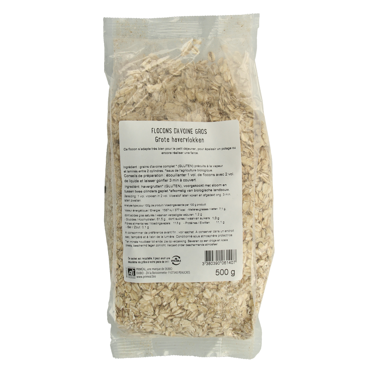 Primeal organic large oat flakes in a 500g package, perfect for breakfast cereals and healthy breakfast options.