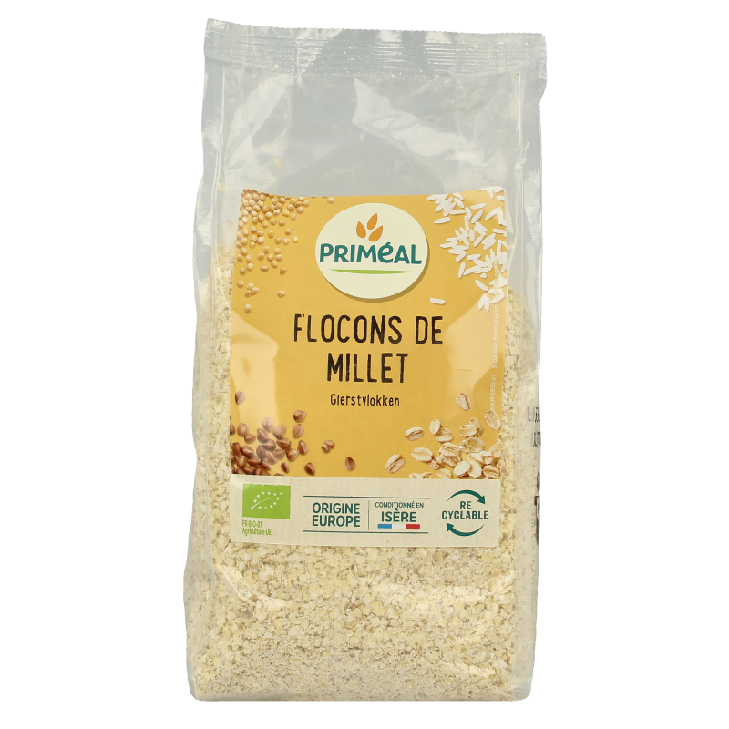 Primeal Gierstvlokken bio, 500g, organic millet flakes for breakfast, shown in a clear package with millet flakes inside.