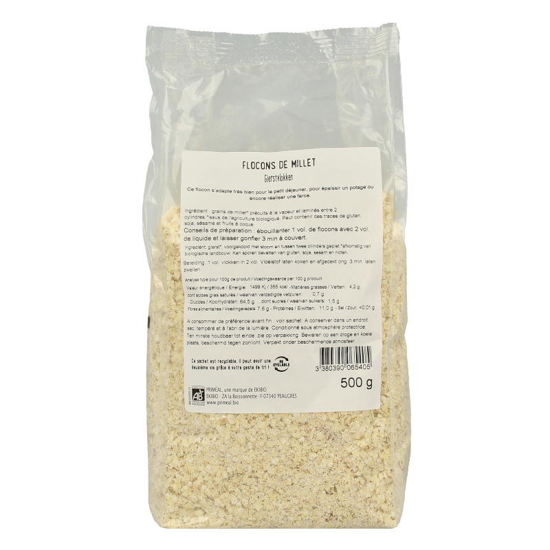 Primeal bio gierstvlokken ontbijtgranen in 500g package, showing golden millet flakes in a clear bowl.