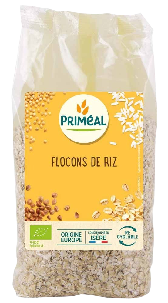 Primeal bio rice flakes in a 500g package, natural gluten-free cereal for breakfast or baking.
